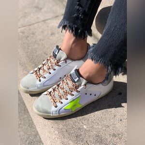 Golden Goose White and Neon Green Sneakers